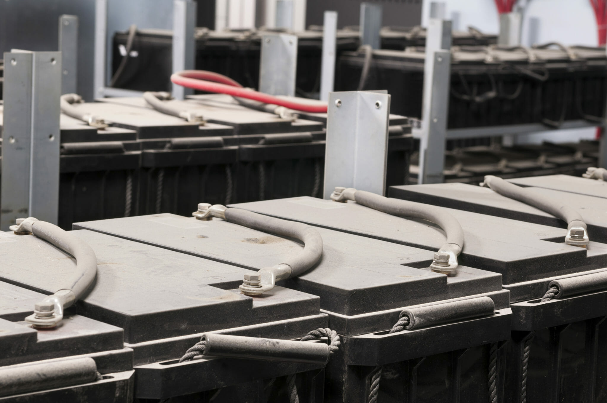 A series of of connected UPS batteries.
