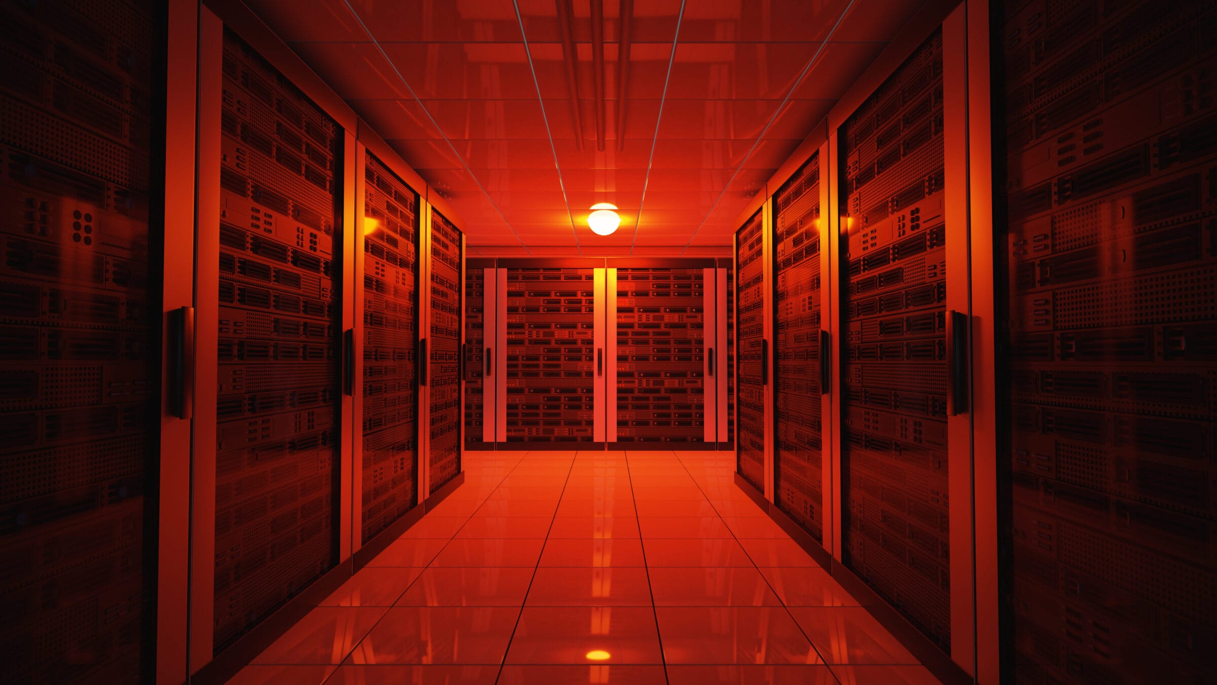 Emergency failure red light in data center with servers.