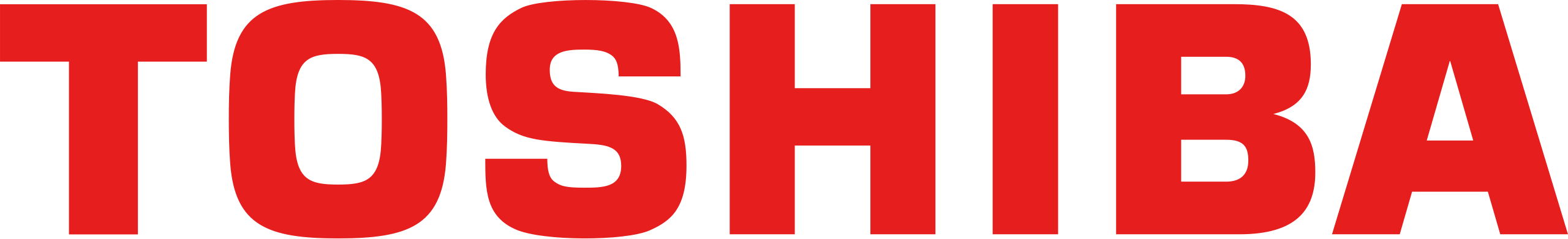 Bold red "TOSHIBA" logo against a black background, showcasing a modern and recognizable brand identity.