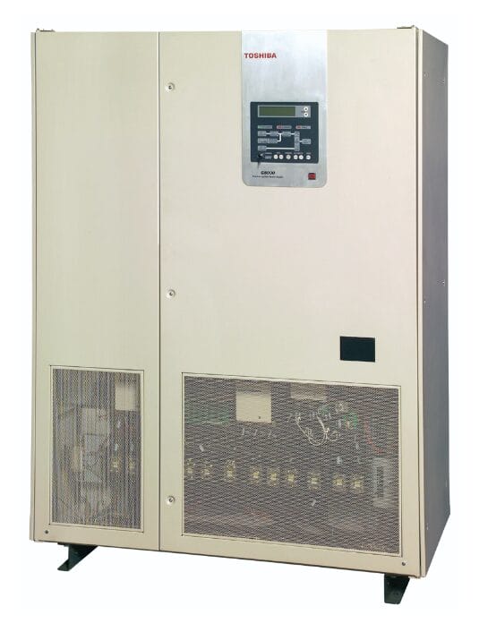 Toshiba industrial equipment with a control panel and mesh-covered compartments for ventilation and access to internal components.