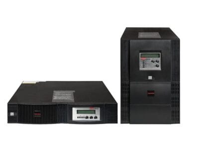 Two black server units, one stacked horizontally and the other vertically, featuring control panels and digital displays.