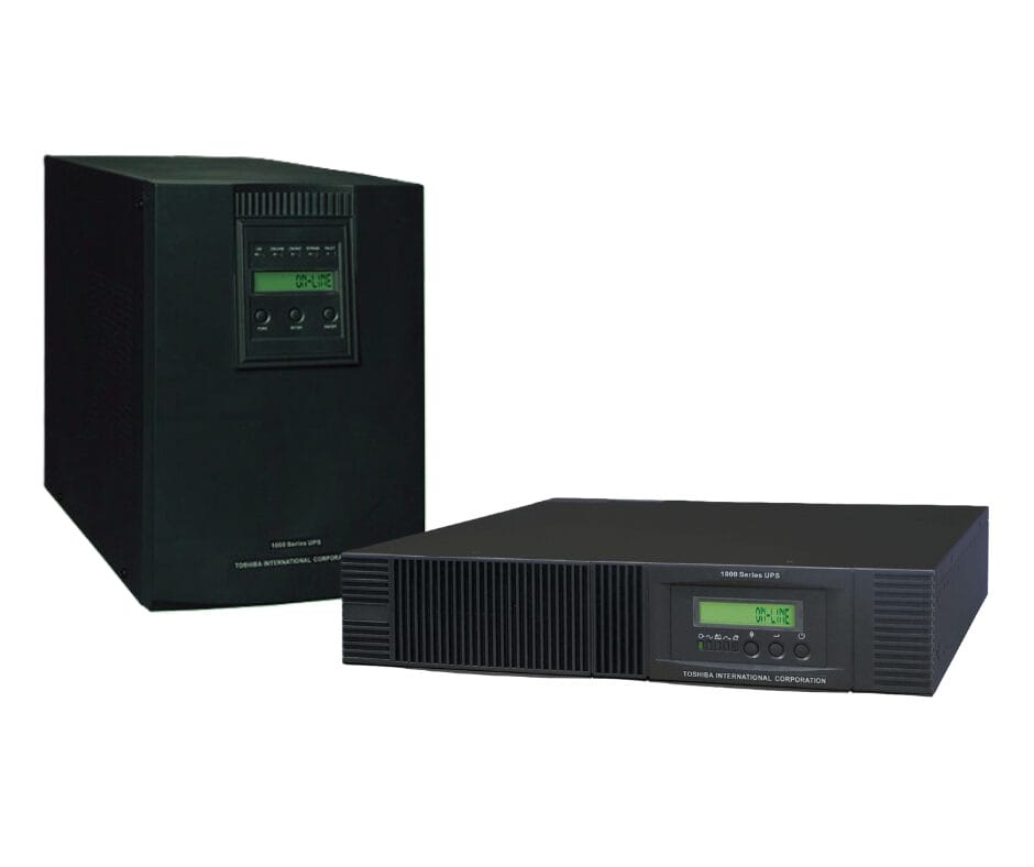Two black uninterruptible power supplies (UPS) with digital displays and control buttons, one stacked on top of the other.