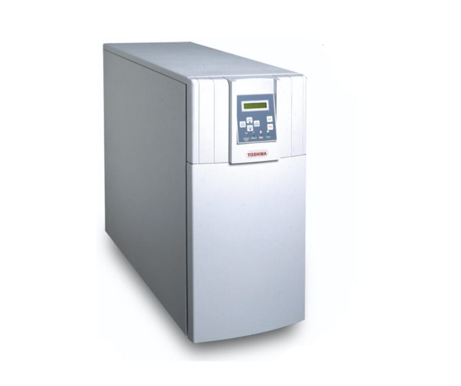 Toshiba electronic device with a digital control panel, featuring buttons and a display, in a sleek silver casing.