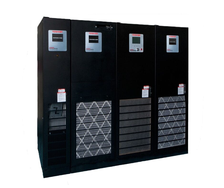 Toshiba electrical equipment featuring multiple black cabinets with digital displays and ventilation grilles.