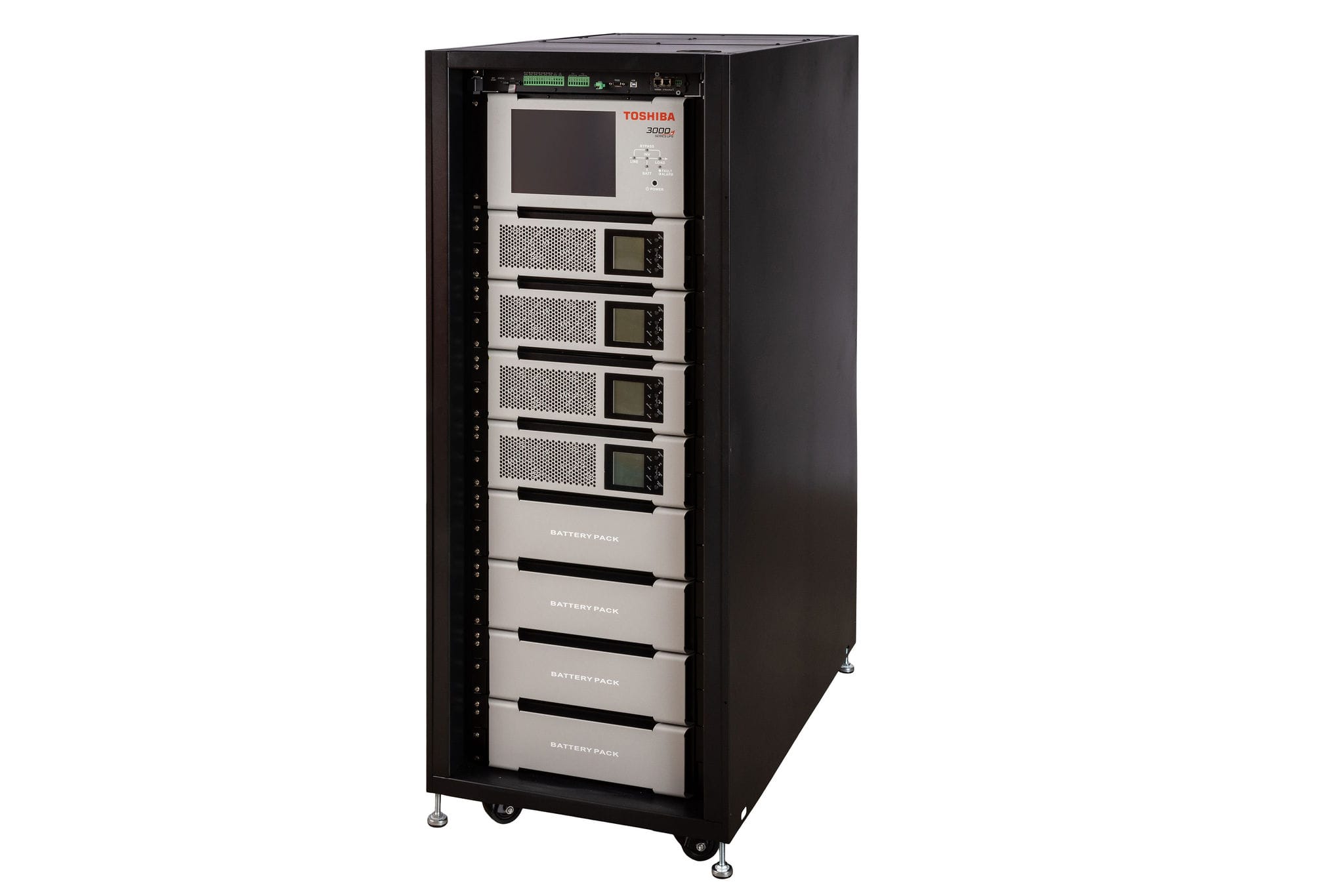 Toshiba battery storage unit with multiple battery packs and a control panel, housed in a sleek black cabinet.
