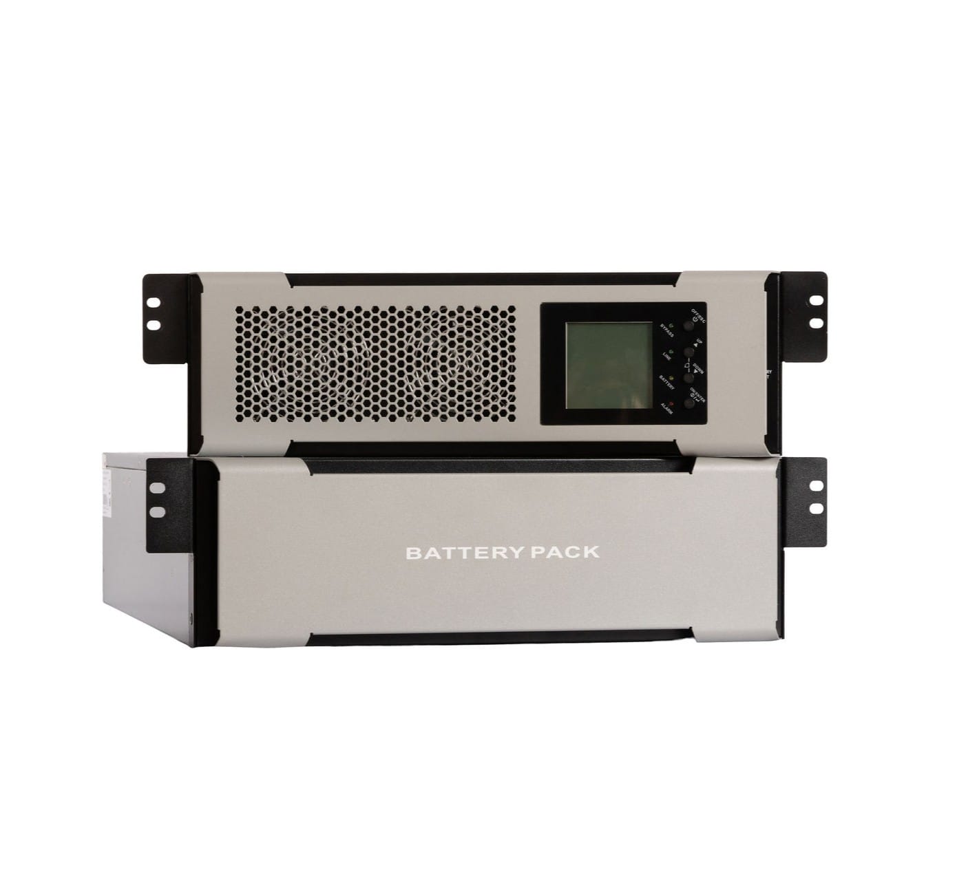 Silver battery pack with a digital display and ventilation holes, designed for rack mounting.