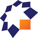 A geometric design featuring a star shape made of dark blue polygons surrounding a bright orange square.