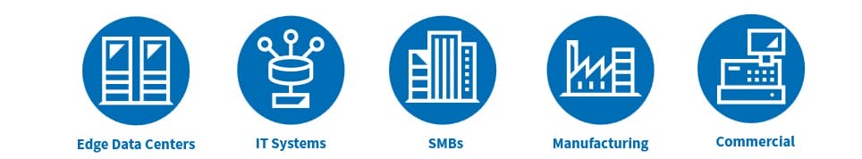 Five blue circles with white icons: data centers, IT systems, SMBs, manufacturing, and commercial.